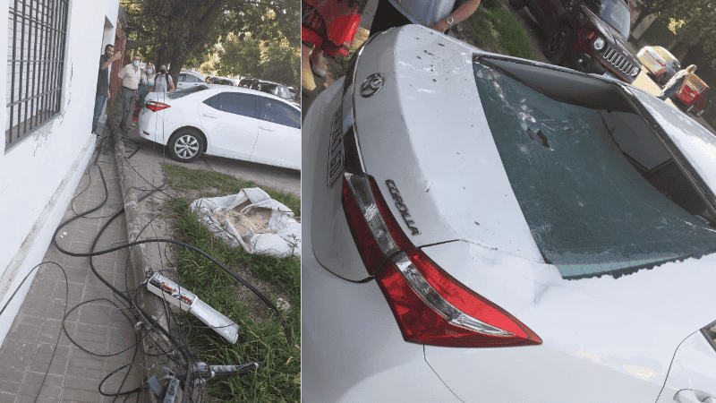 Los cables rompieron la luneta y parte del Toyota Corolla.