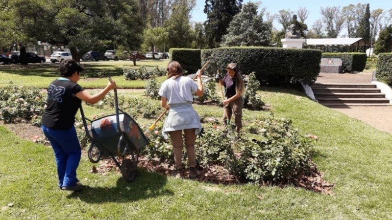Tareas de limpieza y jardinería en el rosedal.