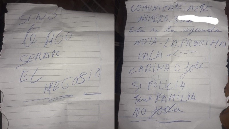 Una de las notas extorsivas dejadas en los comercios de 7 de Septiembre.