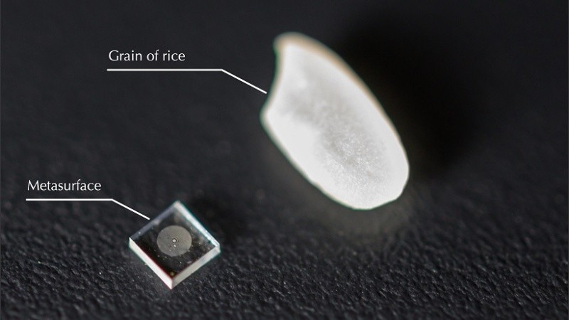El diminuto lente fotográfico junto a un grano de arroz.