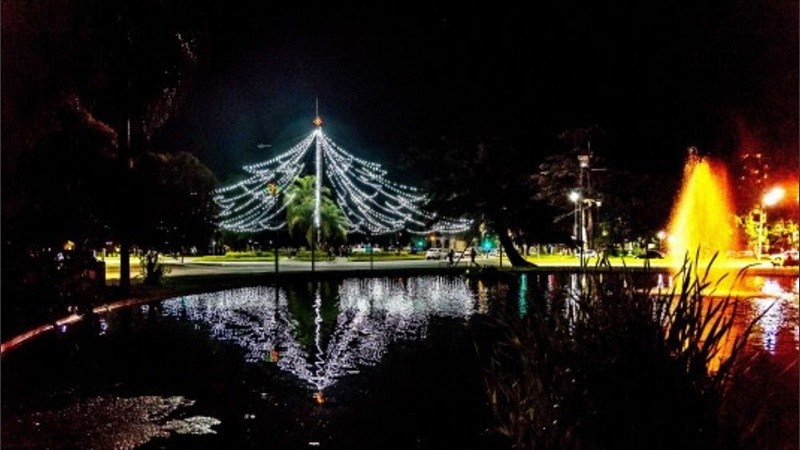 El tradicional árbol de Navidad en la rotonda de Oroño y Pellegrini.