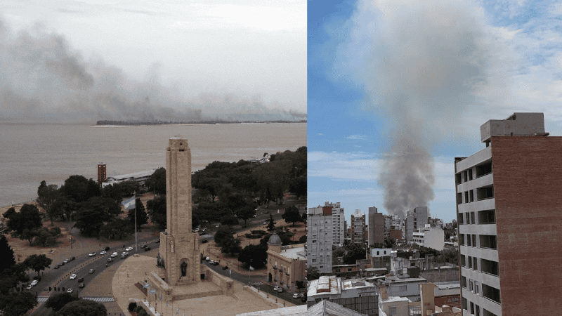 Dos de las imágenes del humo desde Rosario compartidas en las redes sociales.