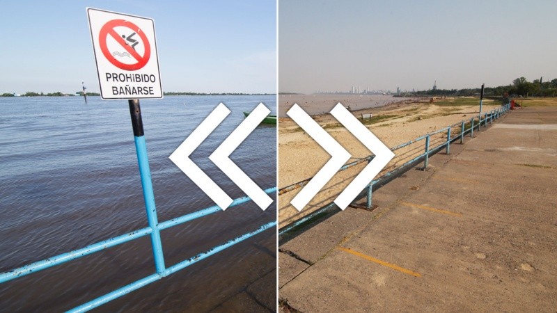 Deslizá la foto para ver el río Paraná durante una crecida y durante una bajante.