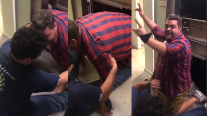 El actor y conducto Darío Barassi en momentos en que era rescatado de un ascensor.