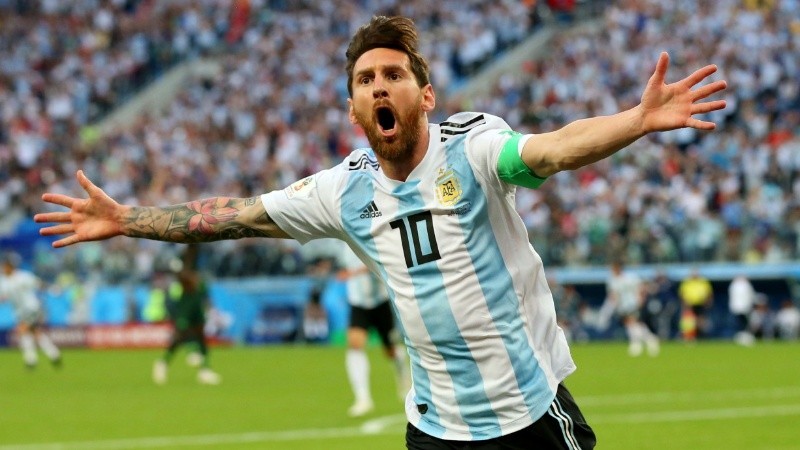 Lionel Messi festeja su último gol en mundiales en Rusia ante Nigeria.