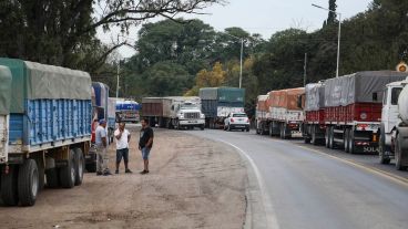 Camioneros esperando la orden para cargar cereal sobre la ruta provincial 91.