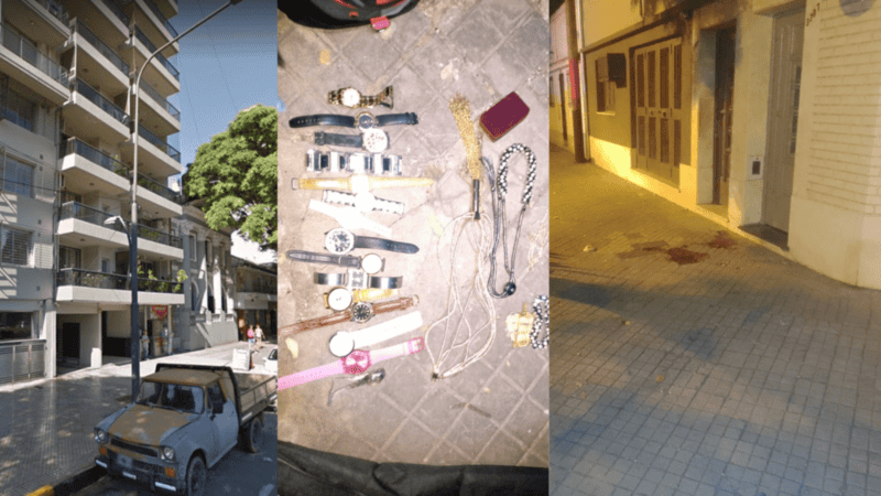 El edificio escrucharo, parte de los elementos recuperados, y el lugar donde se produjo el robo de la moto.