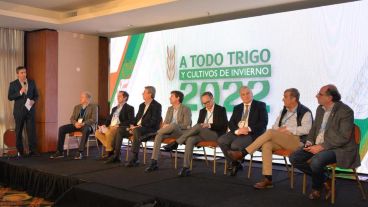 El periodista de Rosario3, Mariano Galíndez, parado, coordinó el principal panel de política comercial en la cumbre triguera realizada en Mar del Plata.