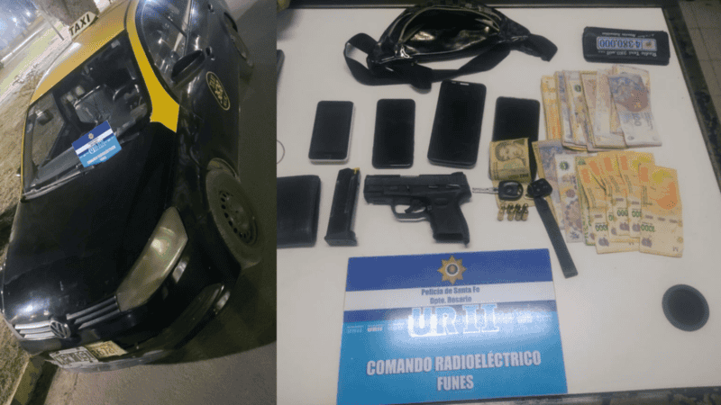El vehículo en el que se desplazaban los agresores y el arma secuestrada.