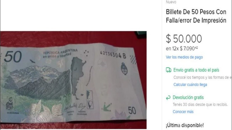 Este ejemplar se comercializa en MercadoLibre a 50.000 pesos.