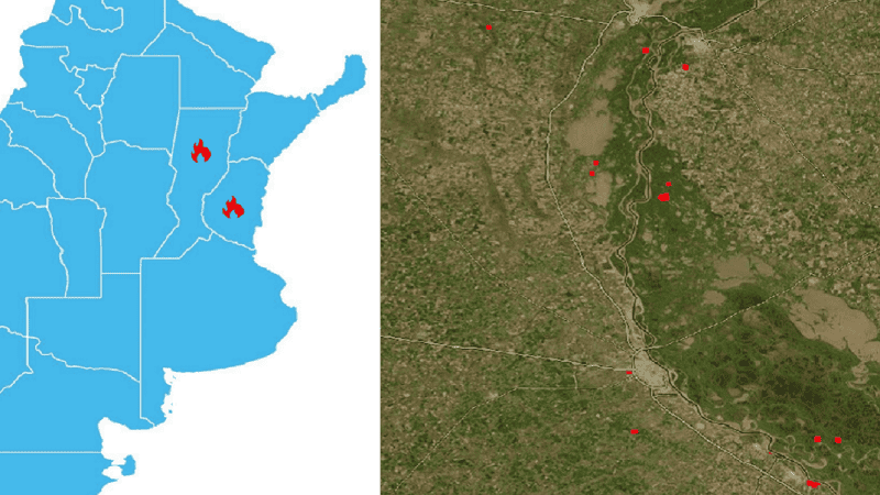 Los incendios forestales que informó Nación y los registros en el mapa satelital de la Nasa.