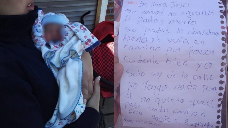 La imagen del bebé recién nacido y una parte de la nota encontrada.