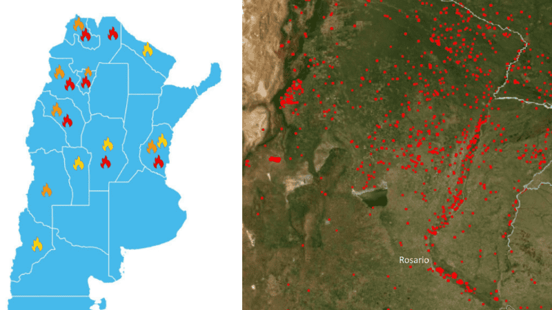 Las provincias afectadas y los puntos de calor registrados por satélite.