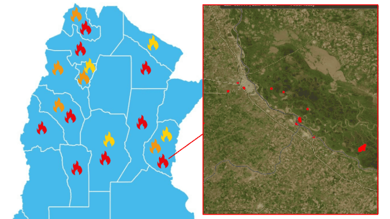 Las provincias afectadas por los incendios y los puntos rojos en la región.