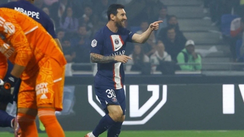 El festejo de Messi ante Lyon. 