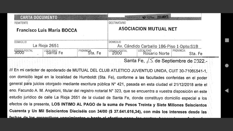 Carta documento contra la Asociación Mutual Net por un impago de más de $37 millones. 
