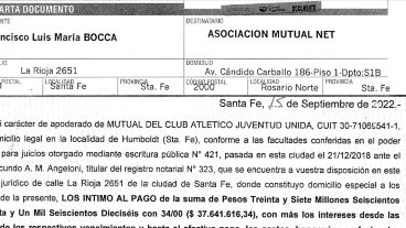 Carta documento contra la Asociación Mutual Net por un impago de más de $37 millones.