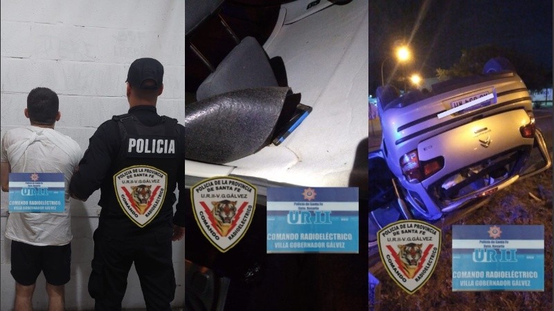 Uno de los detenidos, parte de lo secuestrado y el vehículo volcado