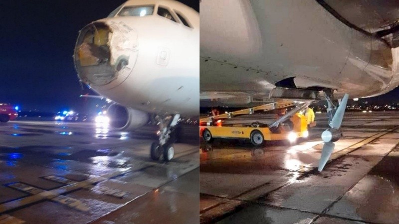 Las fotos de cómo quedó la trompa y parte del avión después de atravesar la tormenta y el aterrizaje de emergencia.