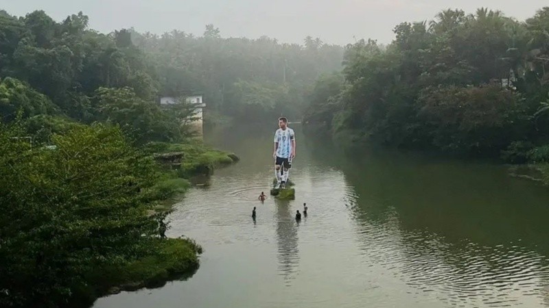 Gigantografía de Messi en medio del río. 