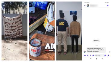 La bandera con las amenazas, la pintura usada, el detenido y un mensaje intimidatorio al Facebook de Telefé Rosario-