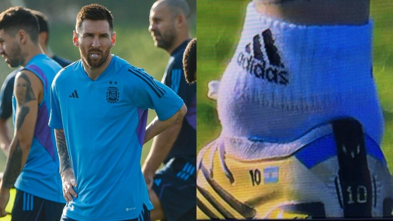 Messi durante la práctica y la imagen de su tobillo izquierdo, a un día del debut contra Arabia Saudita en Qatar 2022.
