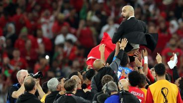 Los jugadores de Marruecos levantan al técnico Walid Regragui.