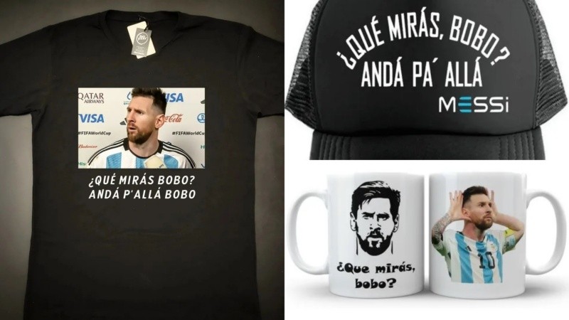 Remeras, gorras y tazas: los productos más ofrecidos con la frase de Messi. 