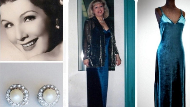 Algunos de los objetos que se exhibirán este sábado: aros de perlas y brillantes de Libertad Lamarque, año1955 y vestido verde perteneciente a Graciela Rey, usado durante su gira por Alemania, en 1998. 