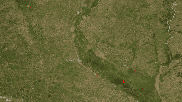 El mapa satelital de las islas frente a Rosario con pocos puntos rojos.