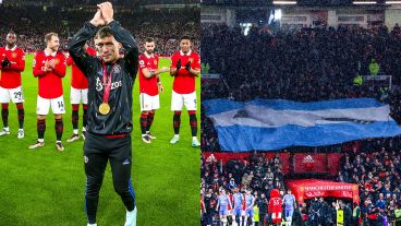Aplausos y una bandera argentina para homenajear a Lisandro Martínez en Manchester.