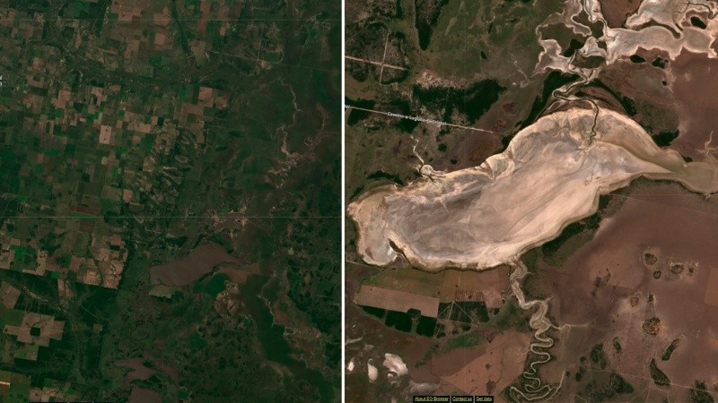 A la izquierda, una imagen satelital de enero del 2020 de la laguna El Cristal; a la derecha, la misma imagen tomada este mes.