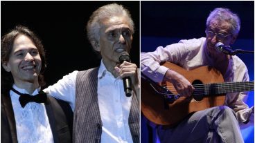Jairo junto a Horacio Lavandera y Juan Falú, en la noche de apertura del 63° Festival Nacional de Folclore de Cosquín