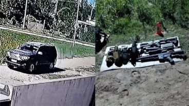 La Toyota SW4 captada por cámaras de la zona del crimen y las armas descartadas.