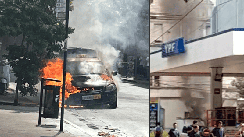 El taxi prendido fuego y el humo que parecía salir desde la estación de servicio.