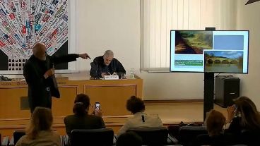 Una reconstrucción virtual del destruido puente, durante la presentación de Vicenti.