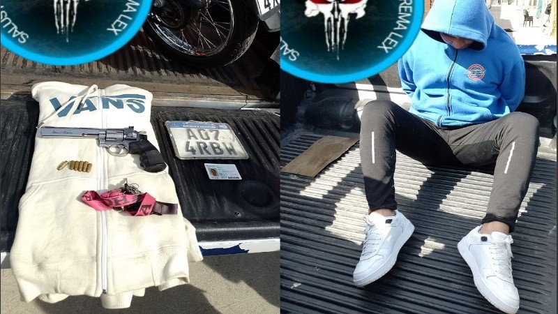 El buzo y el arma con que había realizado el robo, y el hombre detenido en cuestión, que robó cinco mil pesos y se fugó.