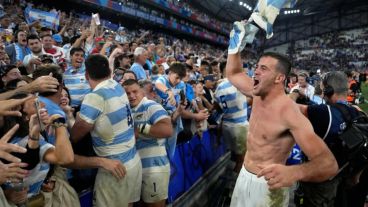 El festejo desaforado de Boffelli tras la victoria de Los Pumas ante Gales.