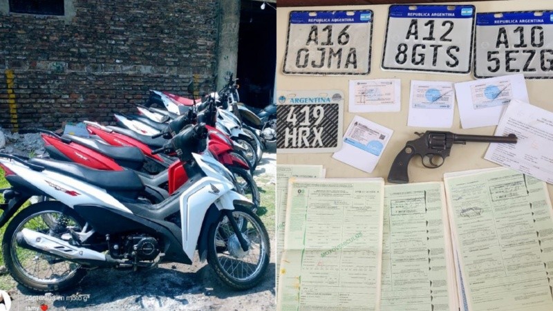Las motos y el arma secuestrados por los agentes policiales en zona sur.