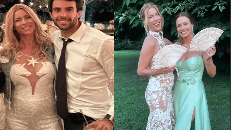 La novia junto al novio, y con una de sus madrinas, dejando entrever la pancita.