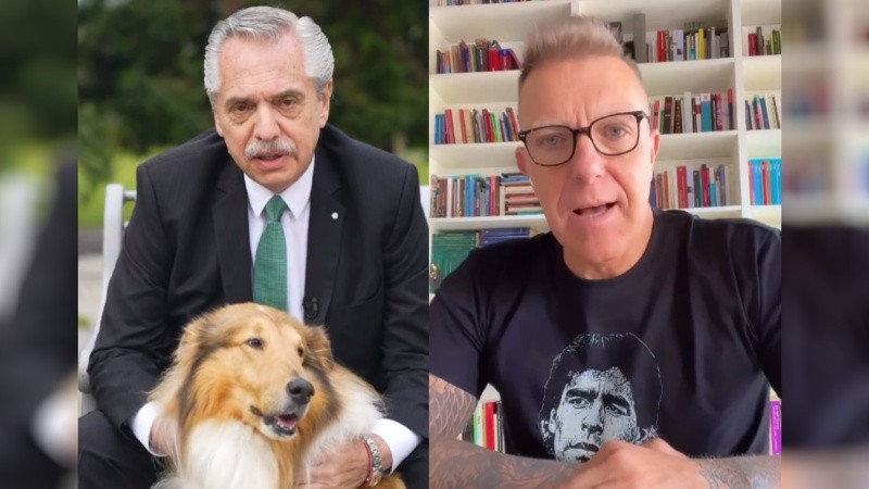 El ex presidente Alberto Fernández, su perro Dylan y el periodista Alejandro Fantino.