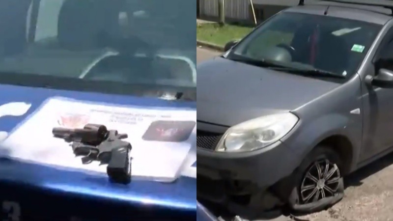 El arma calibre 22 secuestrada y el Renault Sandero que intentó robar el delincuente.
