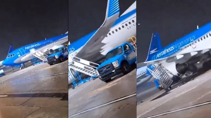 Un avión de Aerolíneas Argentinas es desplazado por el viento.