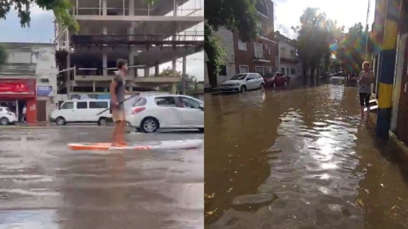 Insólito: un chico navegando sobre una tabla por Avellaeda (izquierda); calle anegada en la zona del club Rowing, en zona norte.