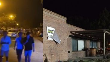 Jóvenes en la entrada al predio y los destrozos en el club.