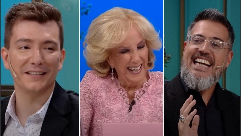 El humorista Ariel Tarico, Mirtha Legrand y el periodista Rolando Barbano.