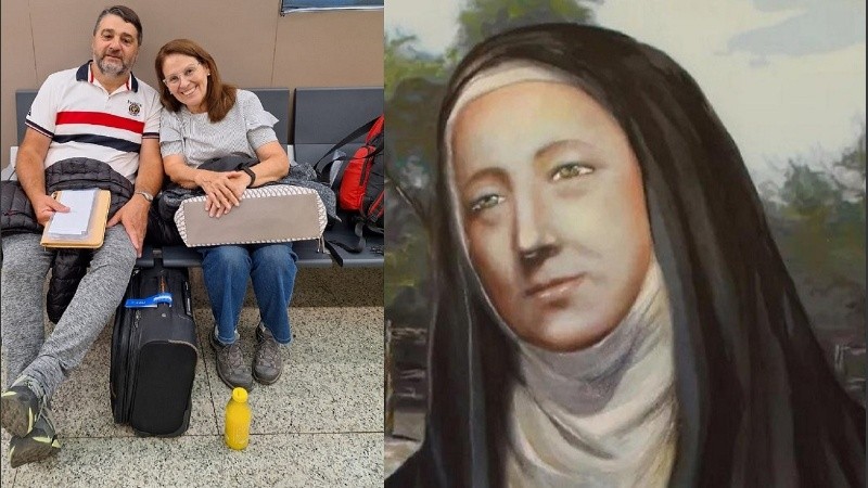 Claudio y María Laura Perusini en el aeropuerto previo a su embarque (izq.), y la beata Mamá Antula a poco de ser santificada (der.).