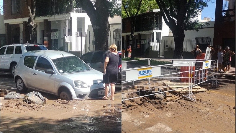 El auto al caer en el pozo cuando no estaba señalizado (izq.) y tras el hecho, una cuadrilla lo señalizó (der.).