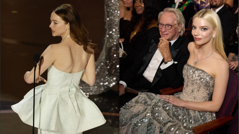 Emma Stone recibiendo su Oscar como mejor actriz y mostrando el vestido. Además Anya Taylor Joy con su papá Dennis en la noche de los Oscars.