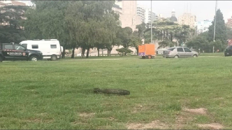 El proyectil sobre el parque, frente al Monumento, después de ser sacado del río.